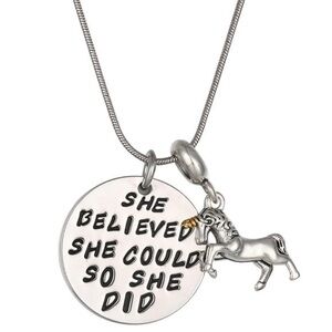 Silvertone Unicorn Necklace & “She Believed She Could So She Did” Charm